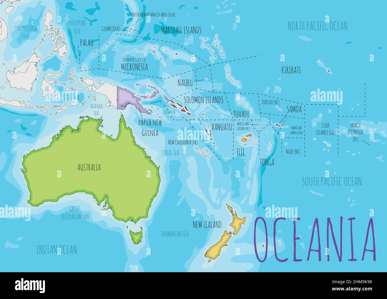 Politische Ozeanien Kartendarstellung mit verschiedenen Farben für jedes Land. Editierbare und klar beschriftete Ebenen. Stock Vektor