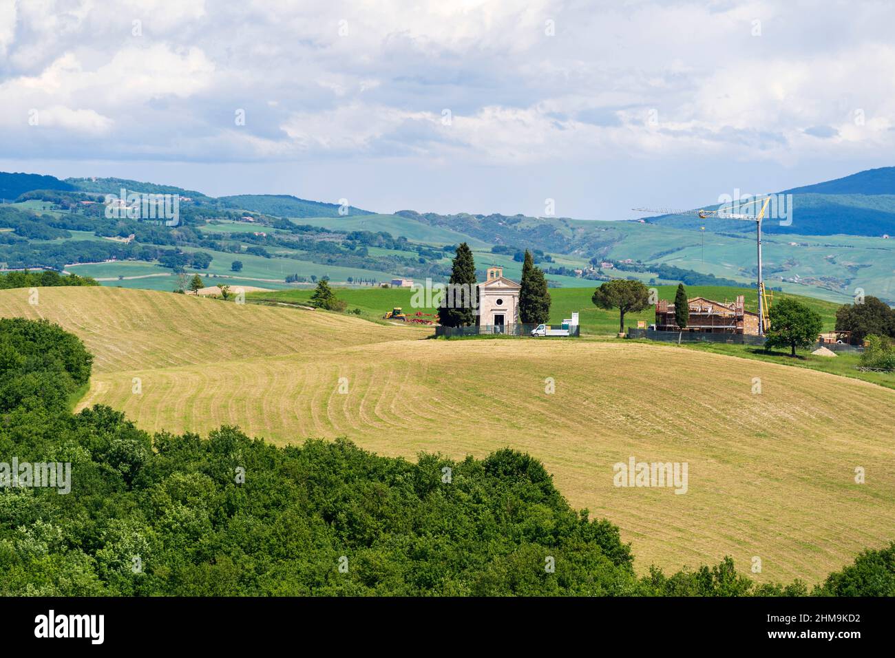 Blick auf die Vitaleta-Kapelle, Val d'Orcia, UNESCO-Weltkulturerbe, San Quirico d'Orcia, UNESCO-Weltkulturerbe, Toskana, Italien, Europa Stockfoto