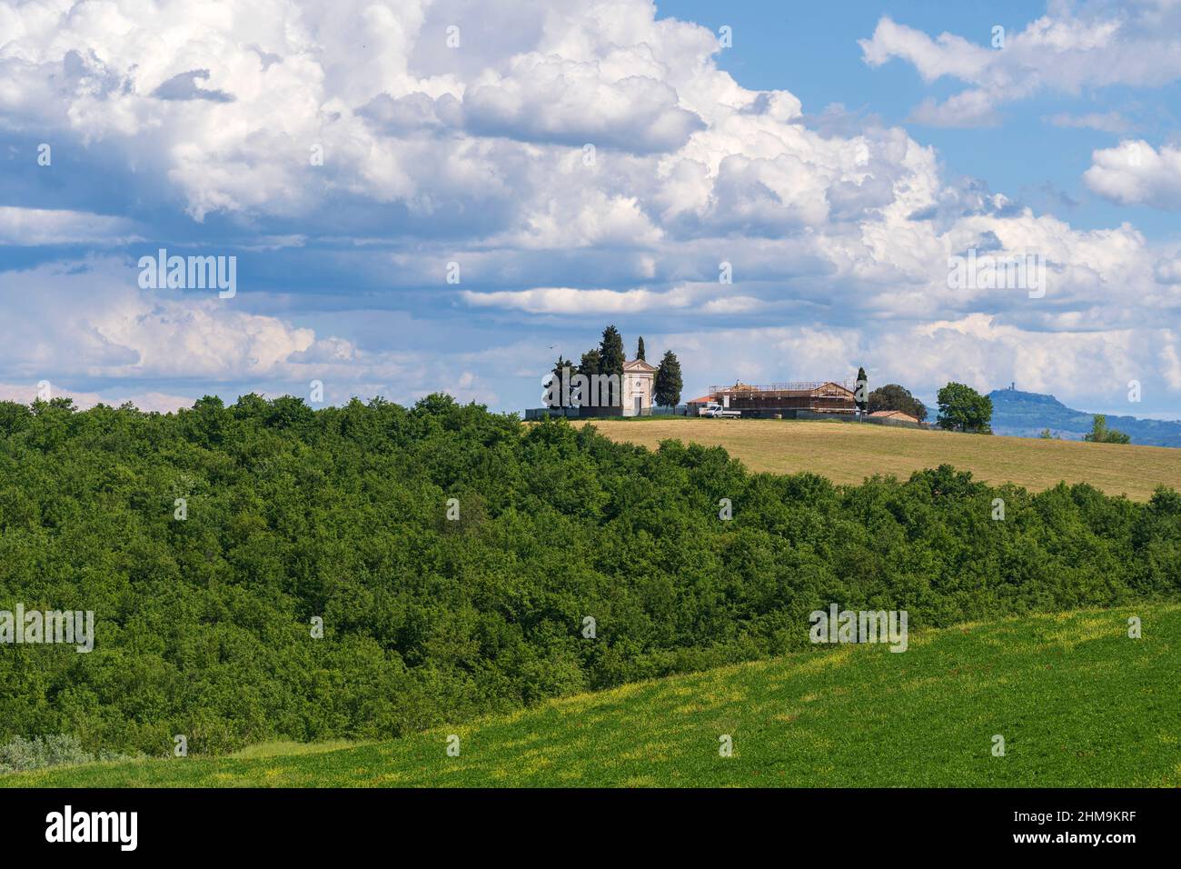 Blick auf die Vitaleta-Kapelle, Val d'Orcia, UNESCO-Weltkulturerbe, San Quirico d'Orcia, UNESCO-Weltkulturerbe, Toskana, Italien, Europa Stockfoto
