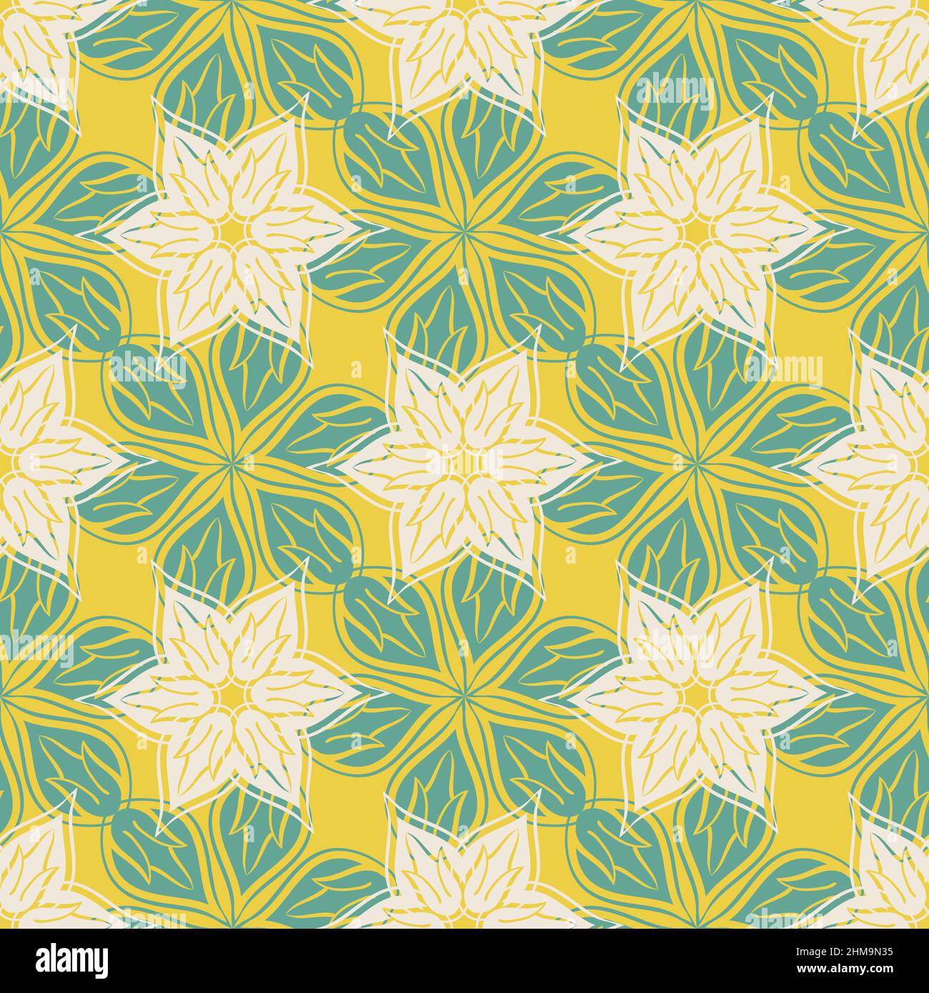 Azulejo Stil moderne abstrakte Blumenköpfe Vektor nahtlose Muster. Sommerlich weißer, grüner, gelber Hintergrund von handgezeichneten Blumenmotiven. Arabesque Stock Vektor