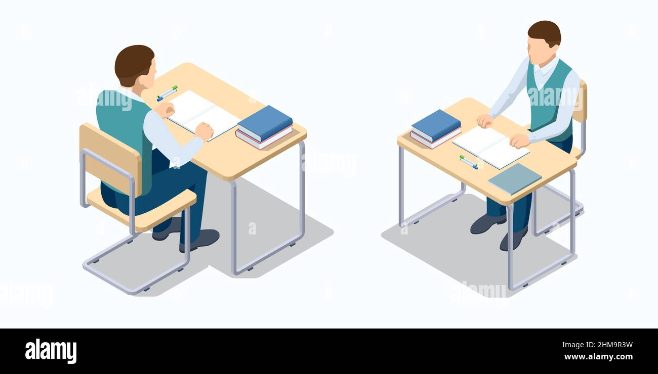 Isometrischer Schulschreibtisch und ein Stuhl. Schuljunge, der am Schreibtisch sitzt. Schuljunge schreibt an ihrem Schreibtisch. Vorbereitung auf die Testprüfung oder das Studium von Lektionen Stock Vektor