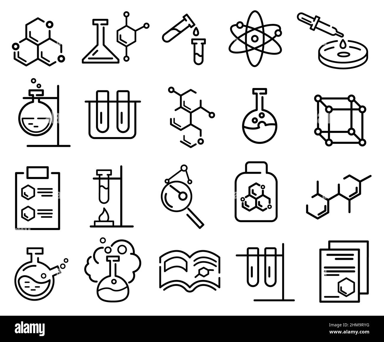 Satz von flachen Symbolen für Chemie. Science Lab Piktogramm für Web. Linienhub. Chemische labaratorische Symbole auf weißem Hintergrund isoliert. Vektor EPS10 Stockfoto