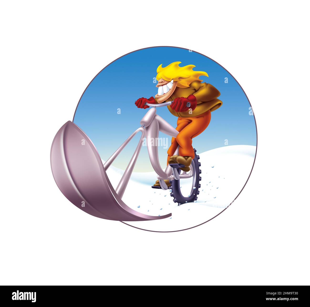 Motorradfahrer im Winterschnee. Junger Mann, der mit dem Fahrrad im Schnee fährt, lächelt. Kreatives Sport- und Abenteuerkonzept. Radfahren Snowbike Comic Strip Stockfoto