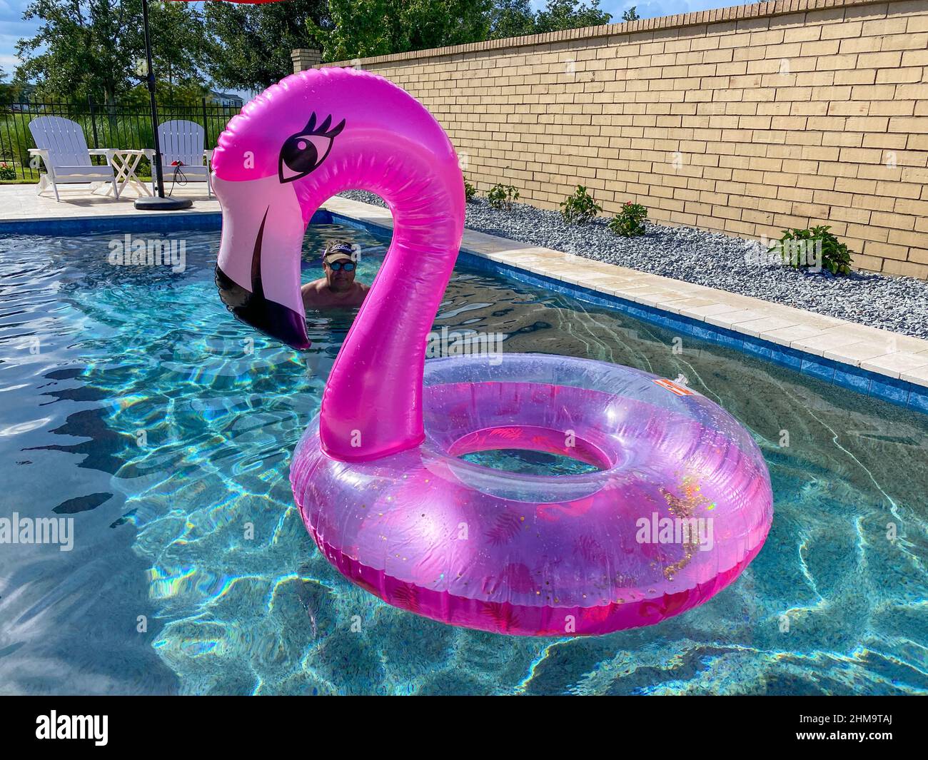 Pink Flamingo Pool schweben in einem privaten Pool in Orlando, Florida. Stockfoto
