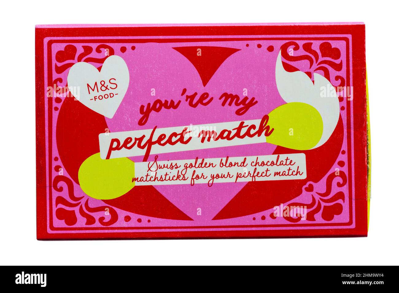 Du bist mein perfekter Partner Schweizer goldene blonde Schokolade Streichhölzer für Ihre perfekte Kombination von M&S Ideal für Valentinstag Geschenk Valentinstag Stockfoto