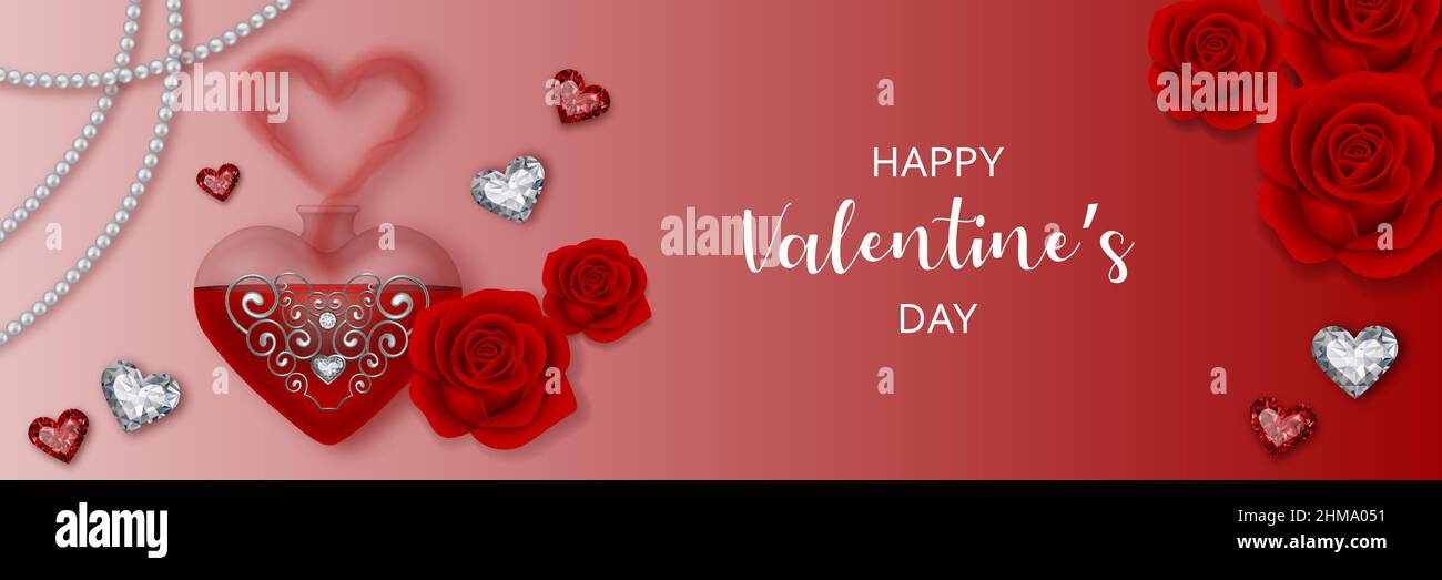 Valentinstagsbanner mit Liebesvorhängeschloss, Trank, Diamanten, Perlen und roten Rosen. Stock Vektor