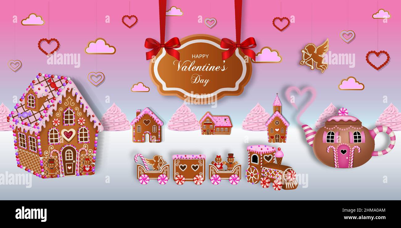 Valentinstag Banner mit Lebkuchenkuchen. valentinstag Lebkuchenlandschaft Stock Vektor