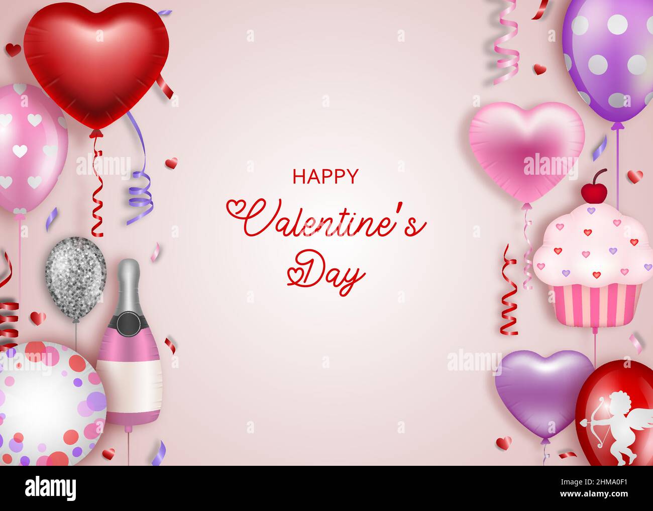 Valentinstag Hintergrund mit bunten Ballons, Coriandoli und Wimpern Stock Vektor