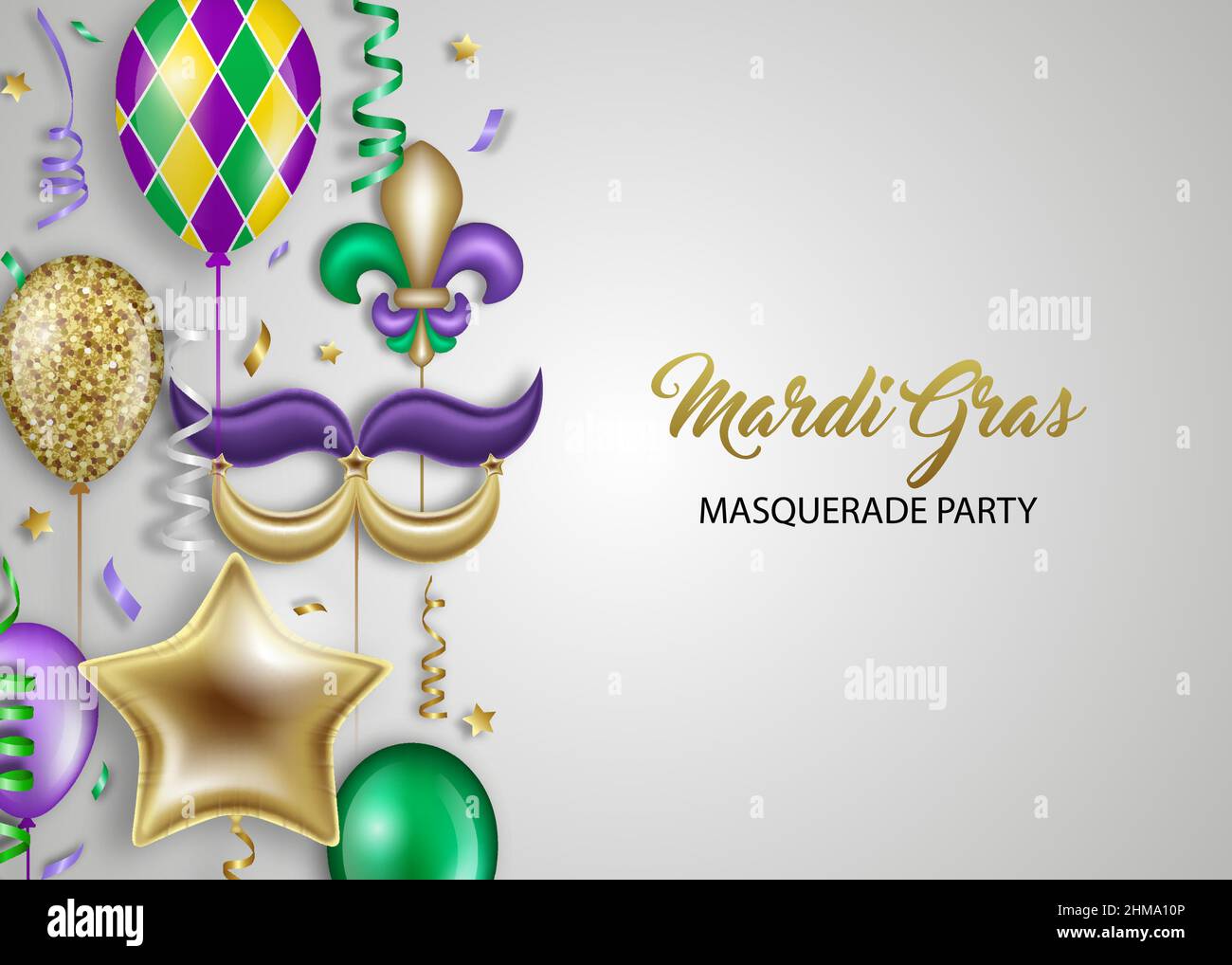 Mardi Gras Party Hintergrund mit Ballons, Streamoers und Coriandoli Stock Vektor