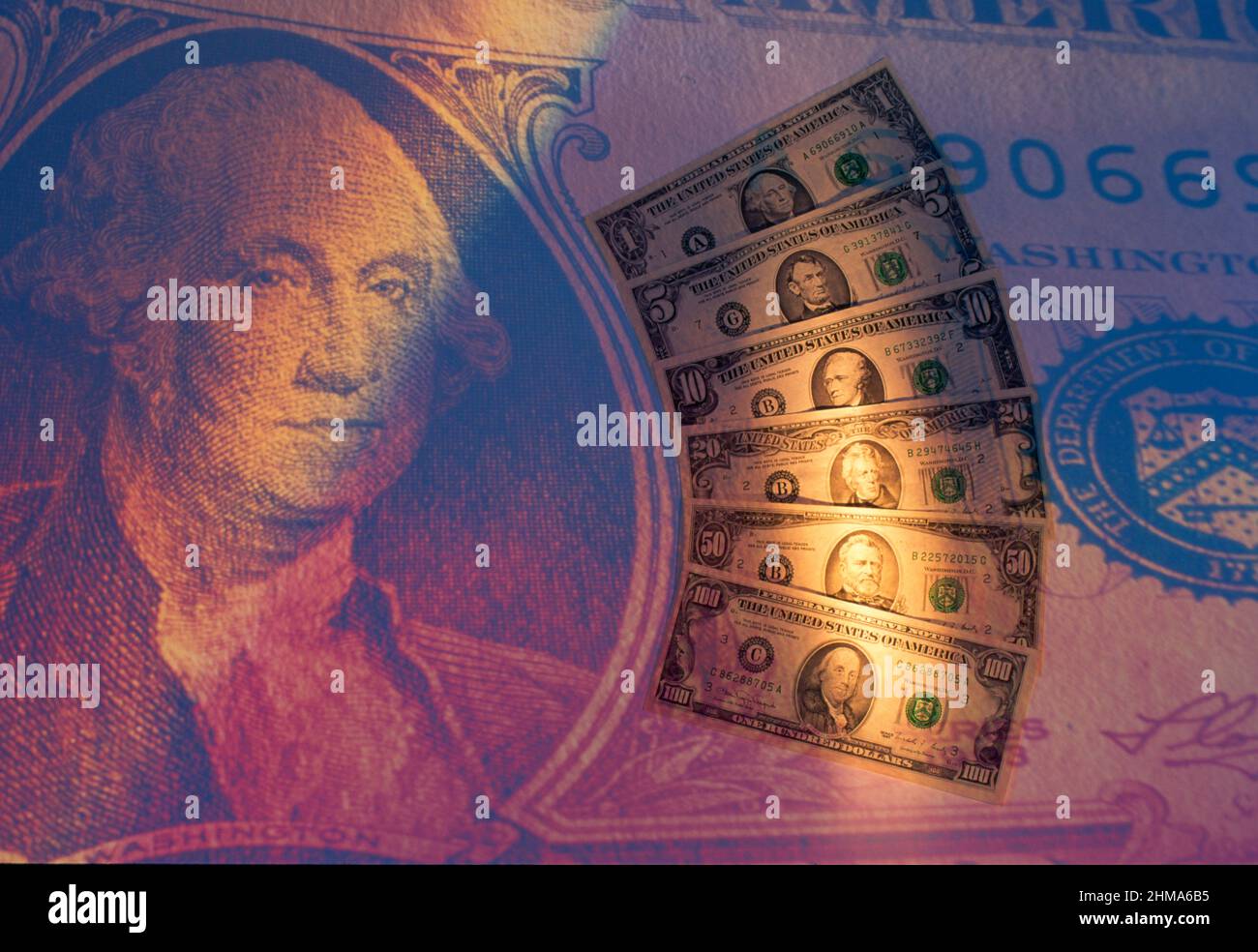 US-Dollar, Noten, über eine Dollarnote, Stockfoto
