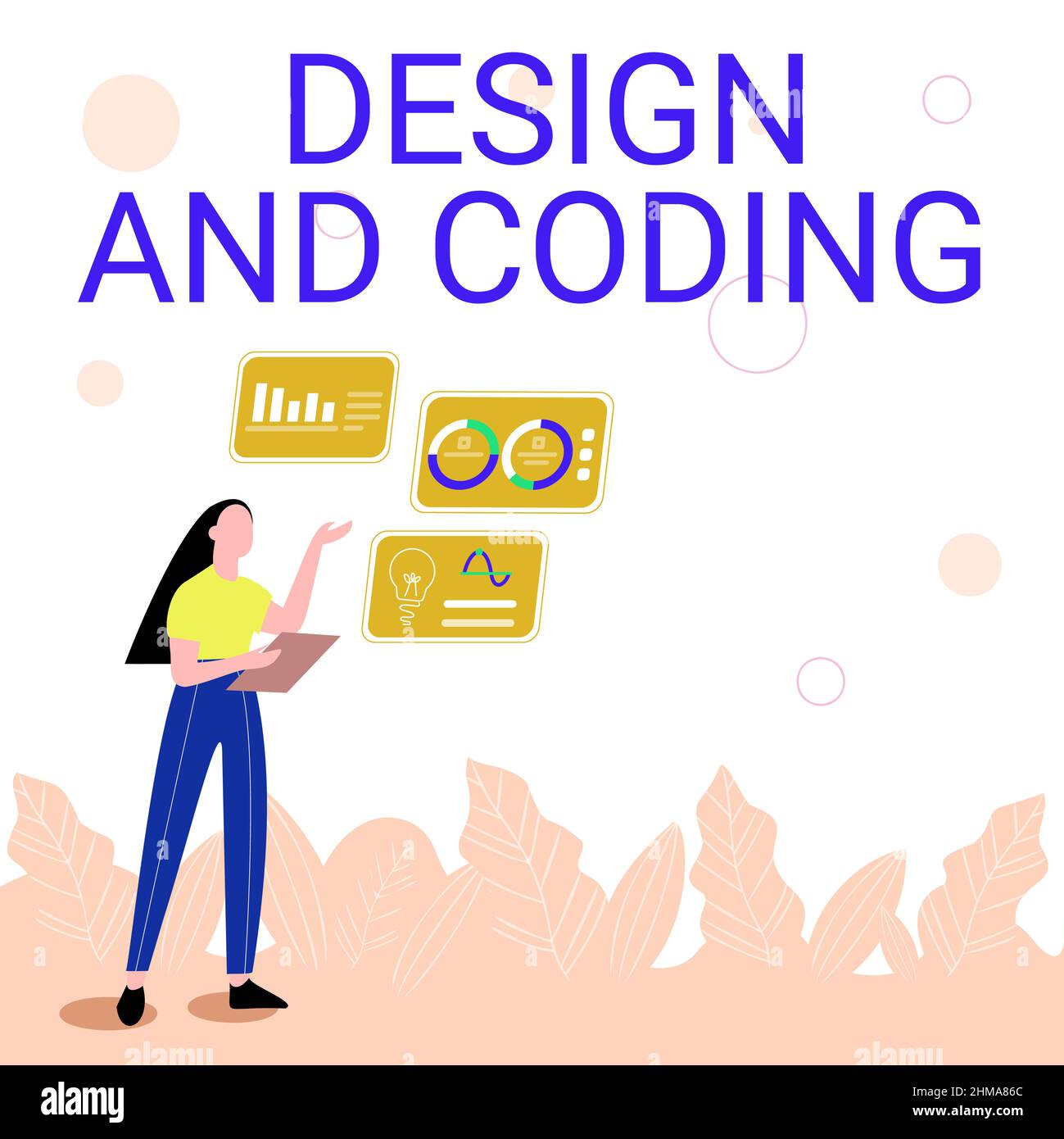 Text mit Inspiration Design und Codierung. Wort für Werkzeug, das im Design- und Planungsprozess verwendet werden kann Illustration von Girl Sharing Ideas for Skill Stockfoto