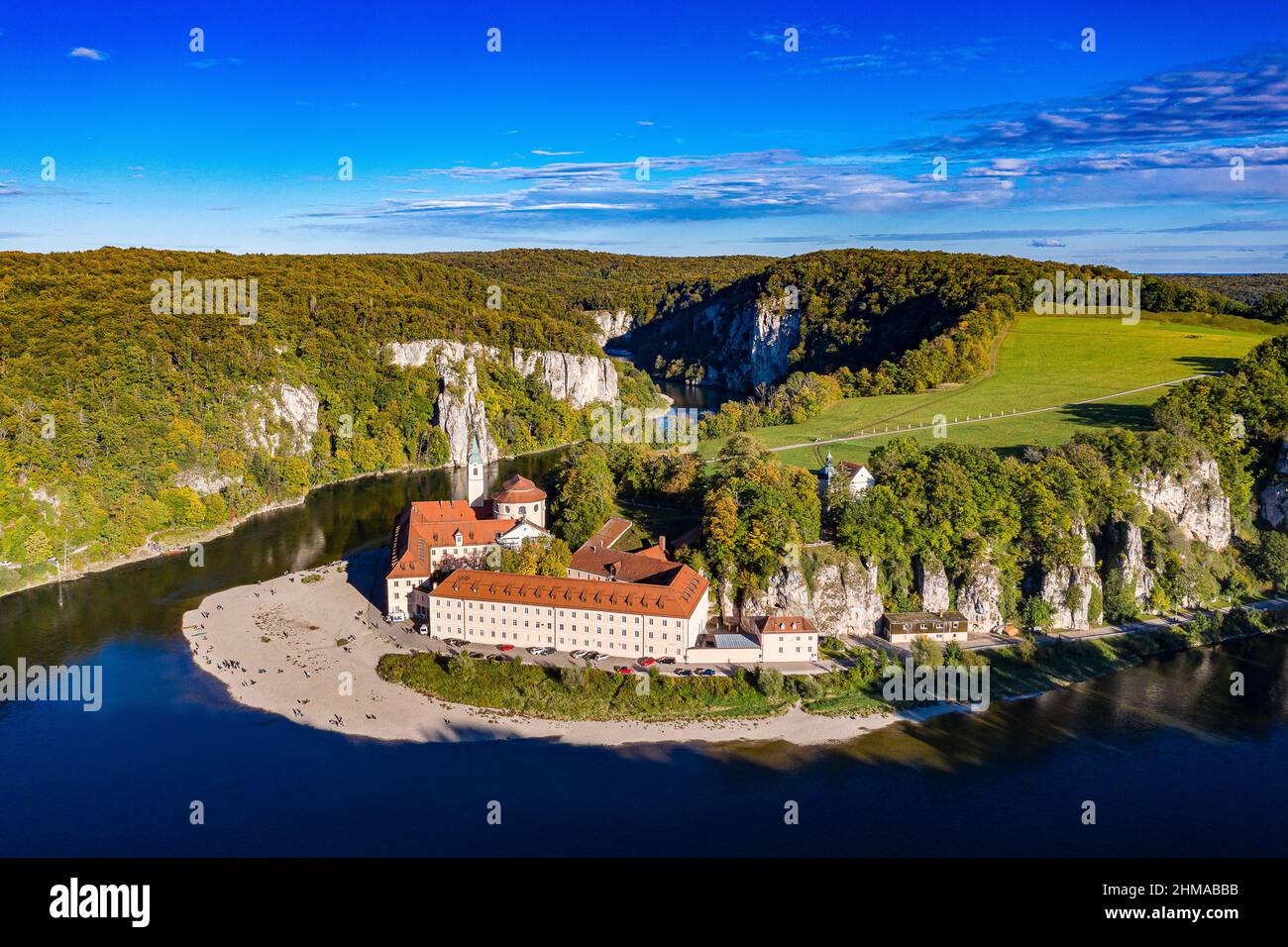 Luftbild des Donaudurchbruchs bei Weltenburg im Naturpark Altmühltal Stockfoto