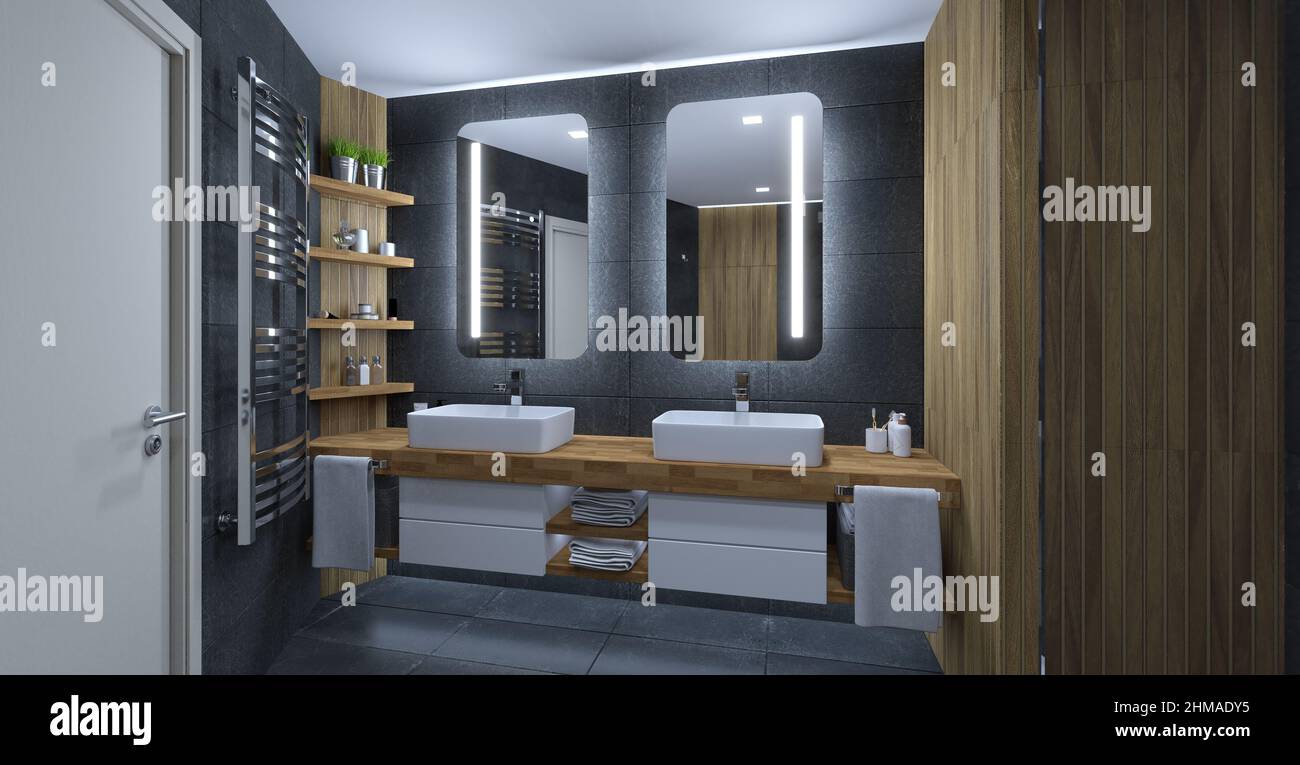Modernes Badezimmer mit Dusche wc und Holz und Anthrazit Stockfotografie -  Alamy