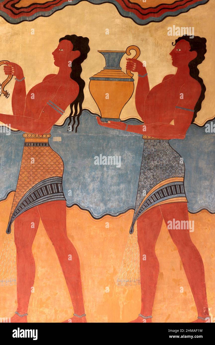 Detail der Fresken des Palastes von Knossos. Es ist die größte archäologische Stätte der Bronzezeit auf Kreta. Stockfoto