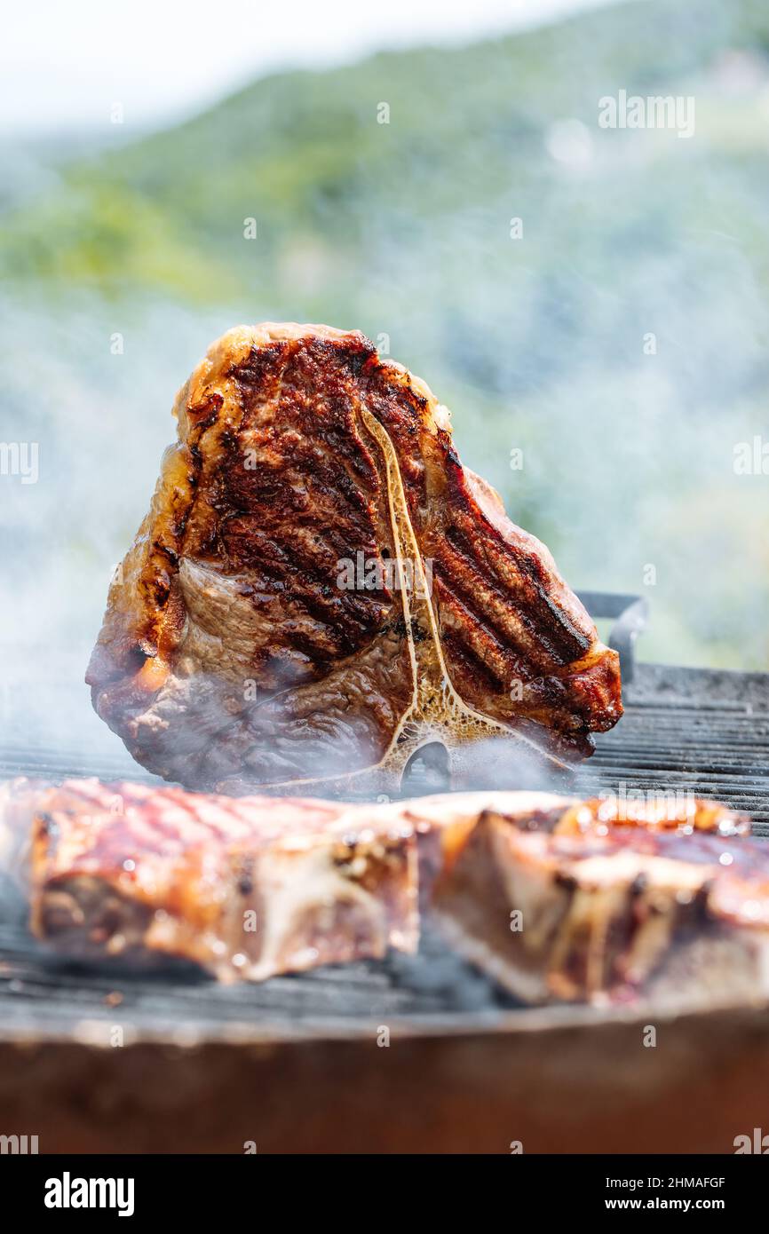Verschiedene Steaks, darunter Rib Eye, T-Bone, Filetsteak und Rumpsteak. Filet- und Lendenschürzschnitt. Trockenes, gereiftes Rindfleisch aus biologischem Anbau. Stockfoto