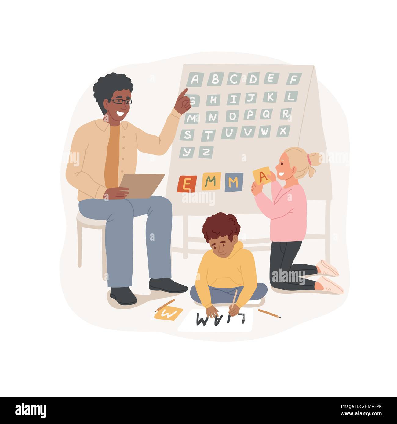 Schreiben persönlichen Namen isoliert Cartoon Vektor Illustration. Schreiben eigenen Namen, persönliche Unterschrift Übung, lernen Alphabet, Alphabetisierung und Sprache im Kindergarten, frühe Bildung Cartoon-Vektor. Stock Vektor