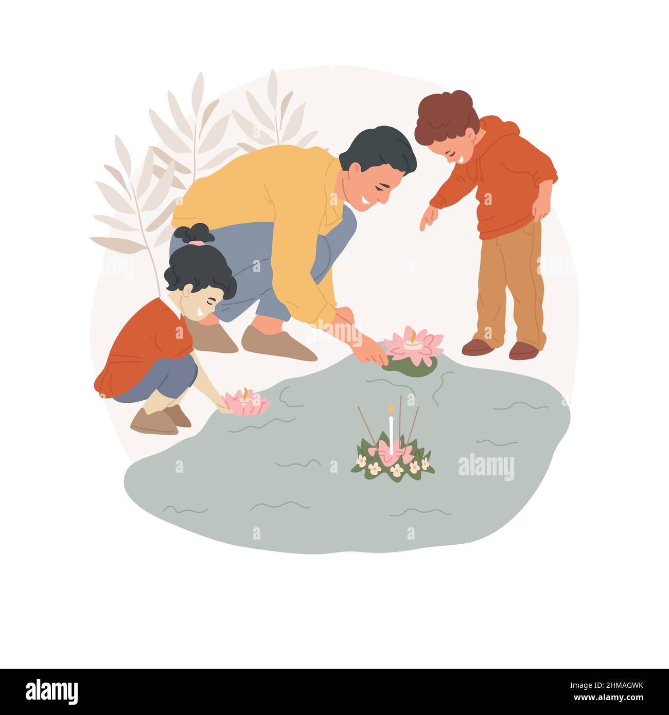 Loy krathong Festival abstraktes Konzept Vektor Illustration. Thailändische Menschen feiern gemeinsam Loi Krathong Urlaub, buddhistische religiöse Feste, heilige Tage, Spiritualität Glaube abstrakte Metapher. Stock Vektor