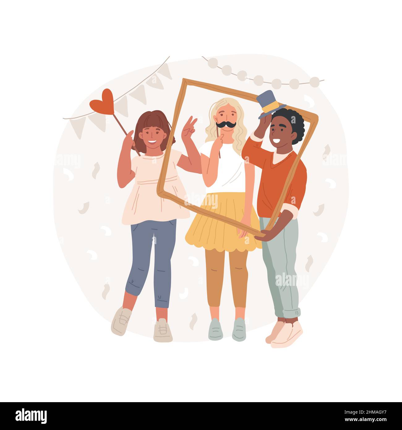 Foto Kabine isoliert Cartoon-Vektor-Illustration. Schulfest Aktivitätszone, Fotokabine Requisiten, Kinder machen lustige Bilder mit Schnurrbart, Papprahmen, Outdoor Messe Cartoon Vektor. Stock Vektor