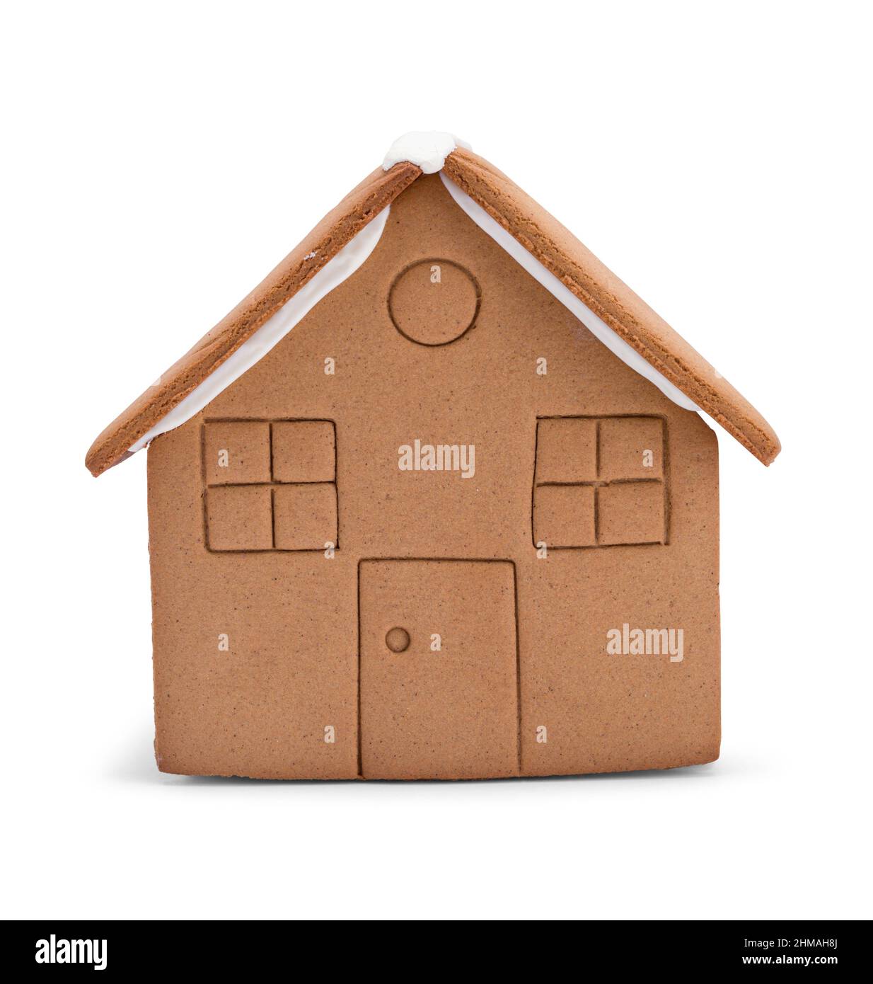 Gingerbread Cookie House Vorderansicht auf Weiß geschnitten. Stockfoto