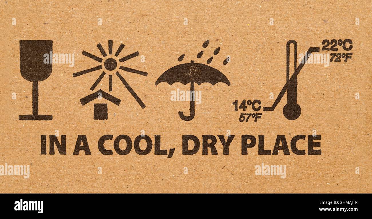 Cool Dry Place Karton Warnsymbol Hintergrund. Stockfoto