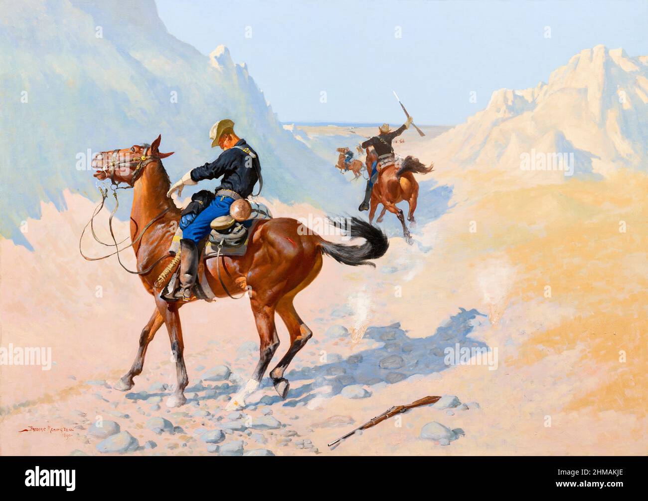 Die Vorschussgarde oder das militärische Opfer (der Hinterhalt) von Frederic Remington (1861-1909), Öl auf Leinwand, 1890 Stockfoto