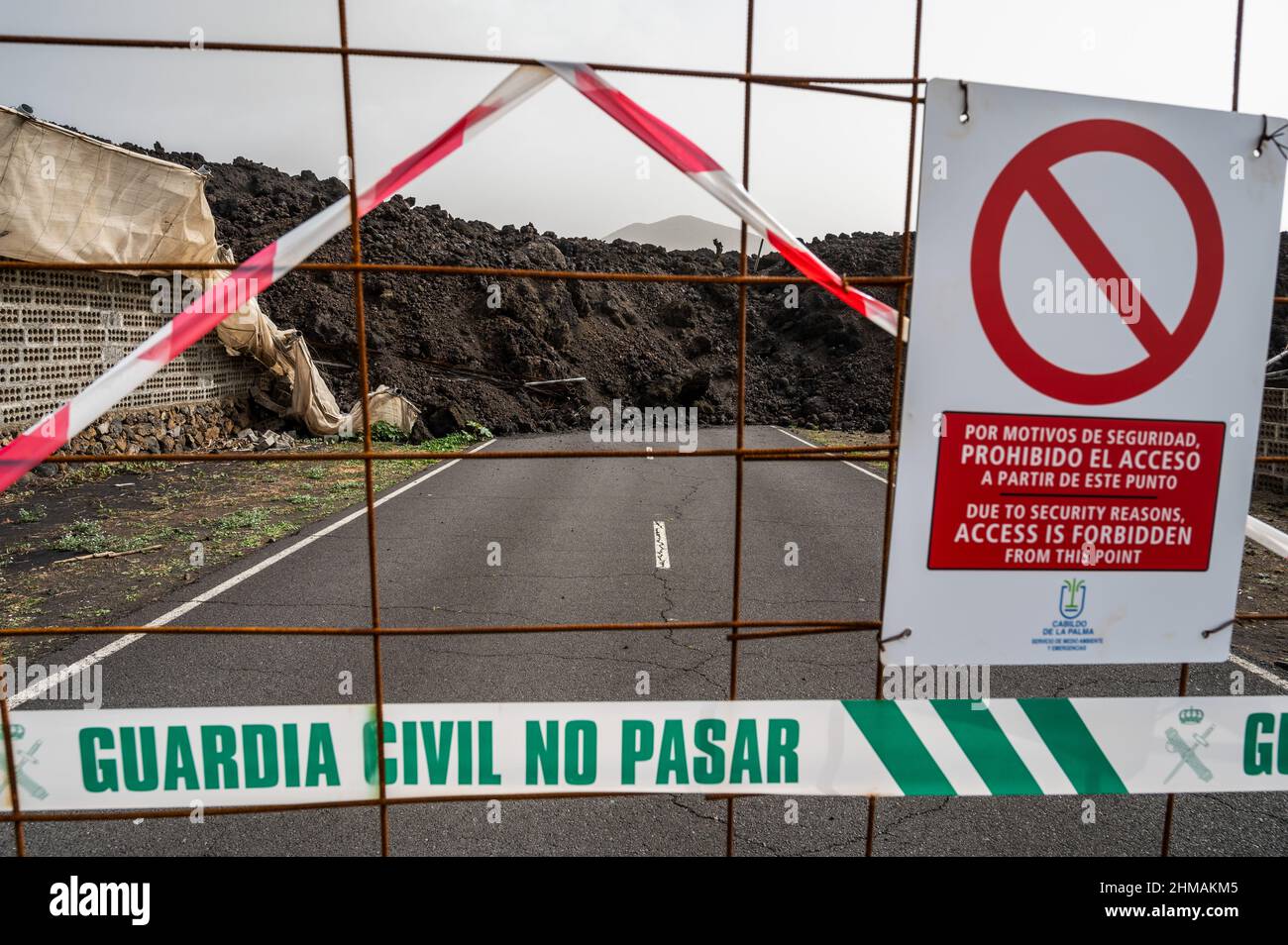 Die Lava des Vulkans Cumbre Vieja führt auf dem Weg zum Meer durch eine Straße. Viele Straßen wurden während des Ausbruchs durch vulkanische Lava blockiert Stockfoto
