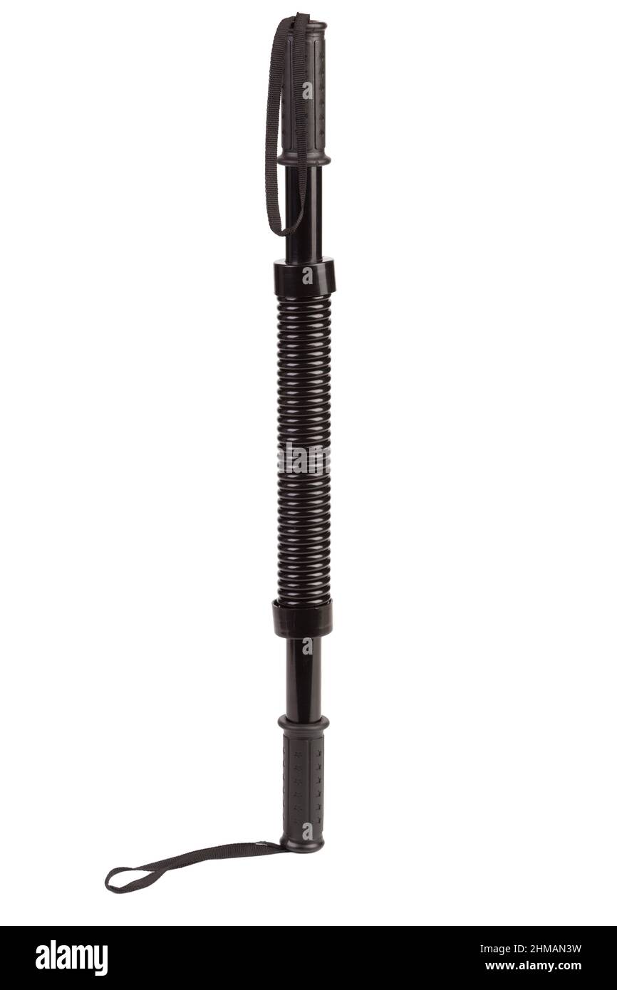 Federarm-Expander aus Metall in schwarz. Isoliert auf weißem Hintergrund. Nahaufnahme. Stockfoto