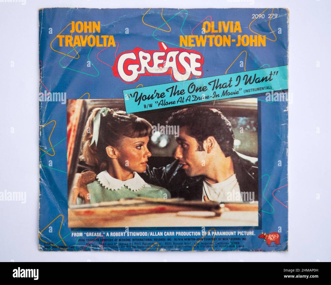 Das Cover der sieben-Zoll-Single-Version von You're The One That I Want von John Travolta und Olivia Newton-John, die 1978 veröffentlicht wurde. Stockfoto