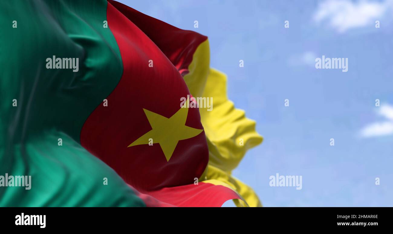 Detail der Nationalflagge Kameruns, die an einem klaren Tag im Wind winkt. Demokratie und Politik. Patriotismus. Selektiver Fokus. Westzentralafrikanisches c Stockfoto
