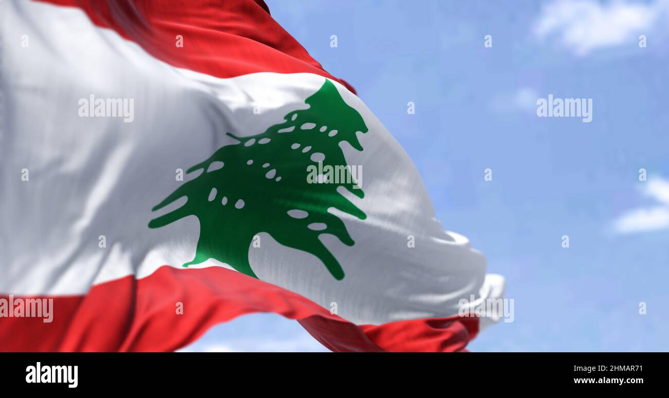 Detail der Nationalflagge des Libanon, die an einem klaren Tag im Wind winkt. Patriotismus. Selektiver Fokus. Westasiatisches Land. Grüner Libanon Zedernbaum Stockfoto