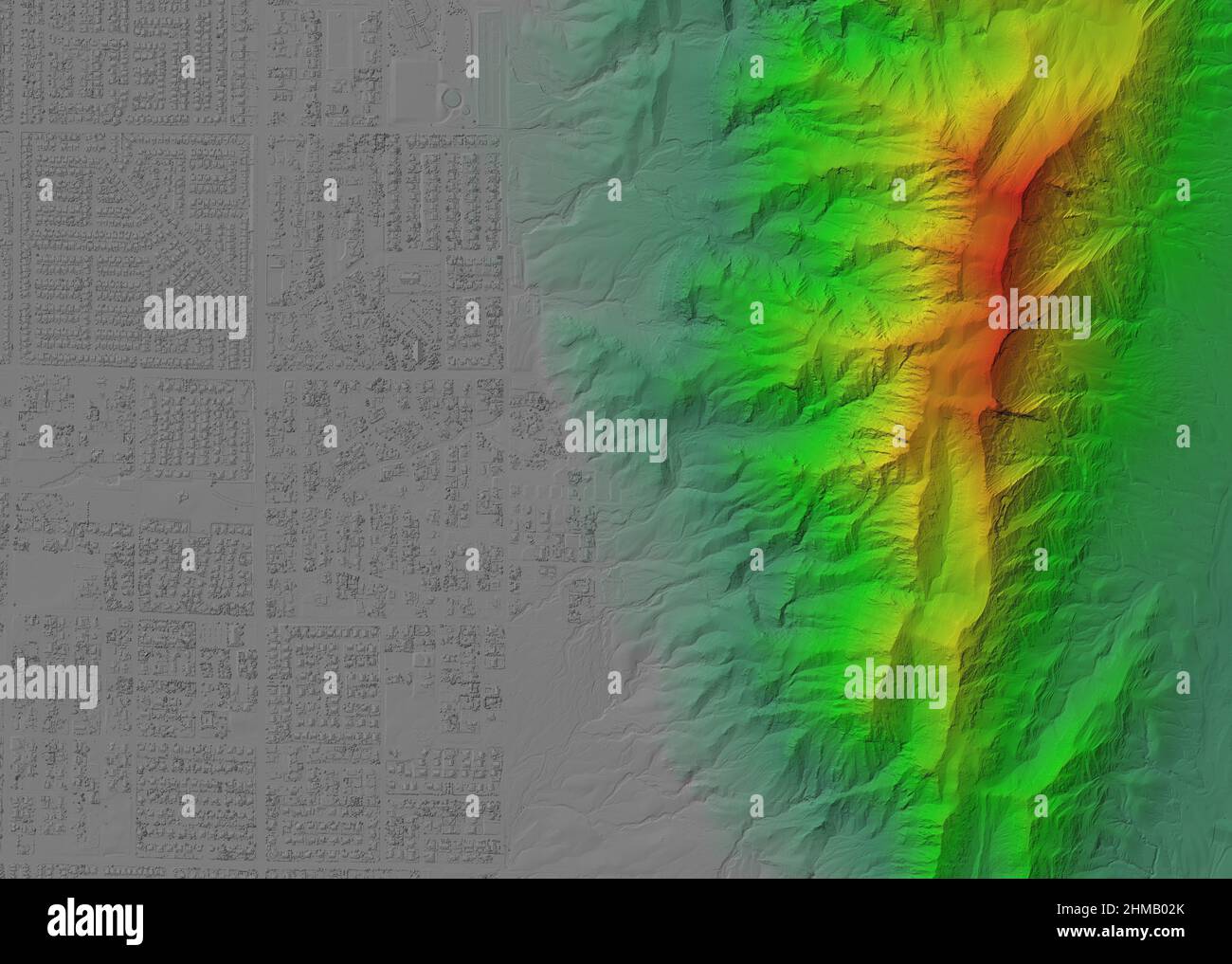 Digitales Höhenmodell. GIS 3D-Illustration, die nach der Beschaffung von Luftaufnahmen von einer Drohne erstellt wurde. Es zeigt Lidar gescannt, riesigen städtischen Bereich eines CI Stockfoto