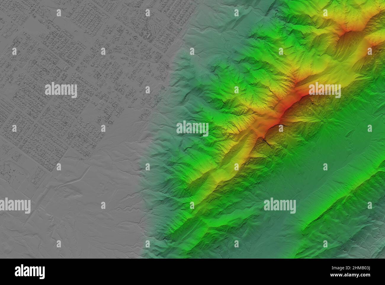 Digitales Höhenmodell. GIS 3D-Illustration, die nach der Beschaffung von Luftaufnahmen von einer Drohne erstellt wurde. Es zeigt Lidar gescannt, riesigen städtischen Bereich eines CI Stockfoto