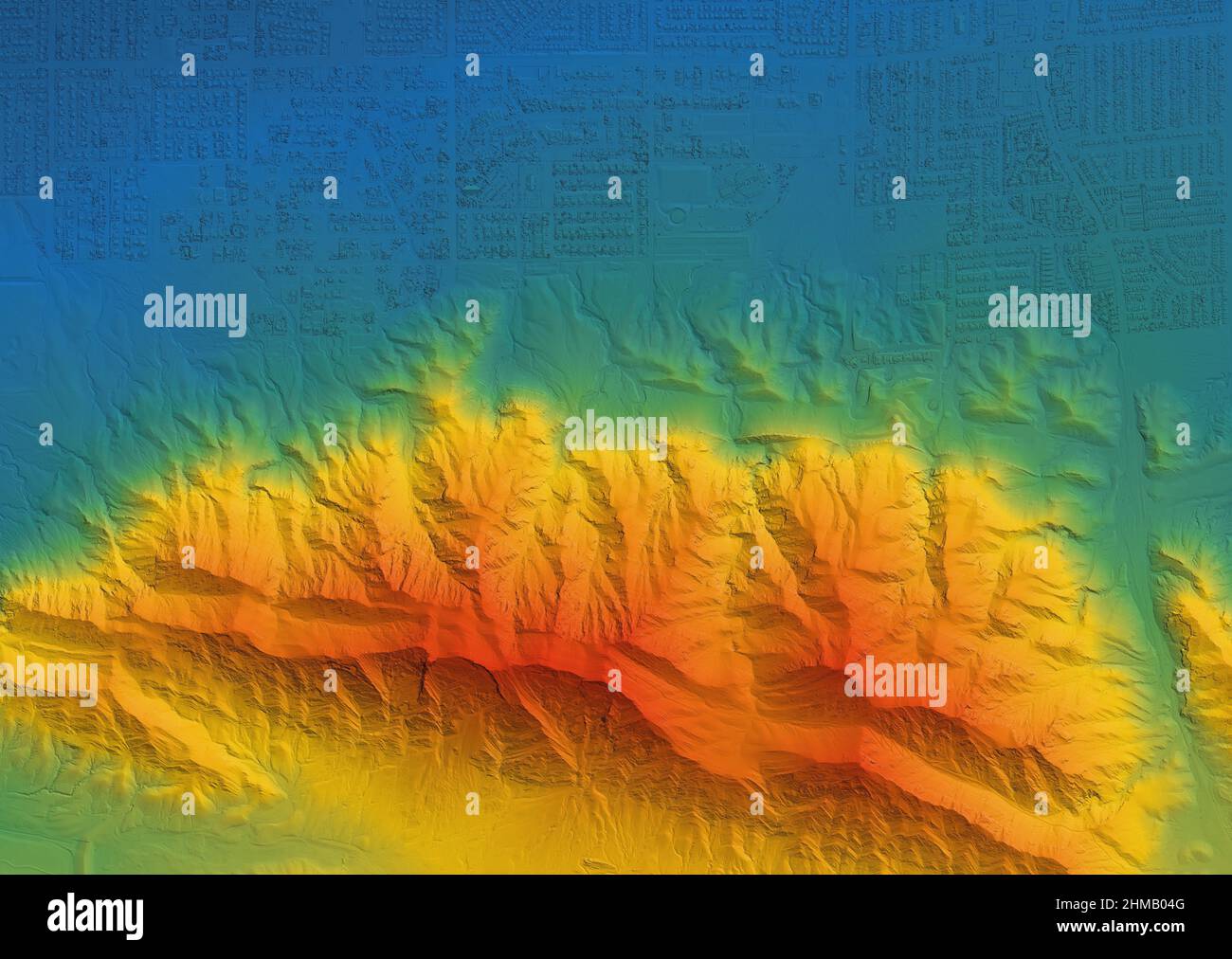 Digitales Höhenmodell. GIS 3D-Illustration, die nach der Beschaffung von Luftaufnahmen von einer Drohne erstellt wurde. Es zeigt Lidar gescannt, riesigen städtischen Bereich eines CI Stockfoto
