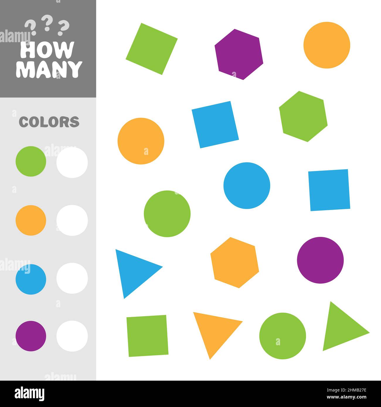 Zählspiel mit einfachen geometrischen Formen für Kinder, pädagogische mathematische Aufgabe für die Entwicklung des logischen Denkens. Wie viele Elemente mit Farben Stock Vektor