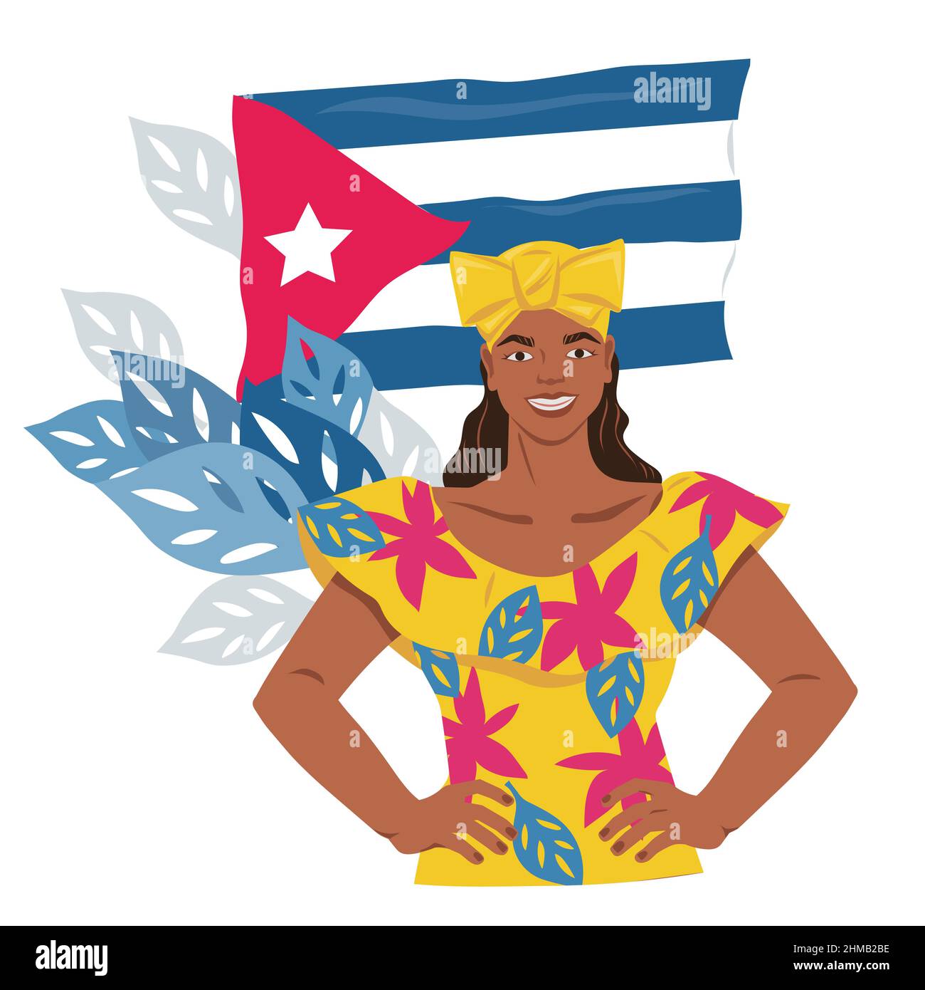 Junge kubanische Frau in Kleid vor dem Hintergrund der kubanischen Nationalflagge, Vektor isoliert. Stock Vektor