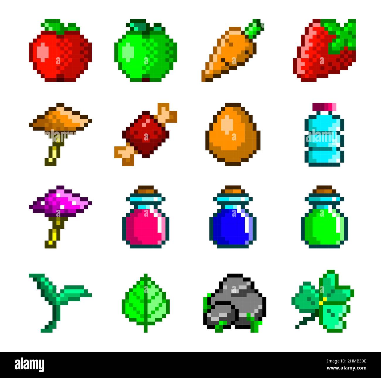 Lebensmittel und Ressourcen Pixel Art Icons. Früchte, Flaschen, Kräuter-Vektor-Spiel-Assets, editierbares Set Stock Vektor