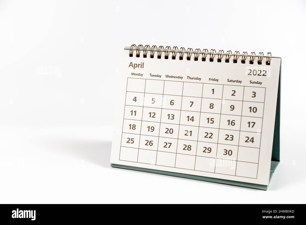 April 2022 Kalender auf weißem Hintergrund isoliert Stockfoto