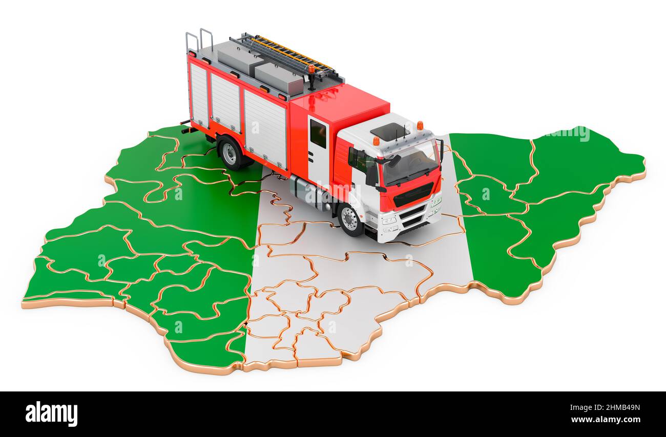 Feuerwehr in Nigeria. Feuerwehrauto auf der nigrischen Karte. 3D Darstellung isoliert auf weißem Hintergrund Stockfoto