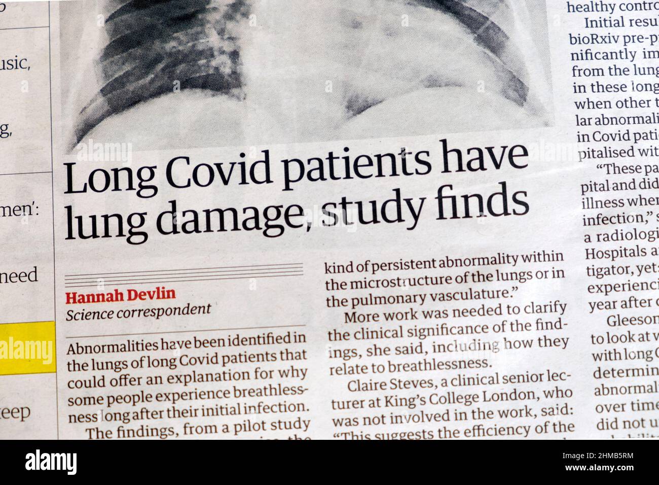 „Long Covid-Patienten haben Lungenschäden, findet die Studie“, titelt die Zeitung „Guardian Pandemie“ am 29. Januar 2022 in London, Großbritannien Stockfoto