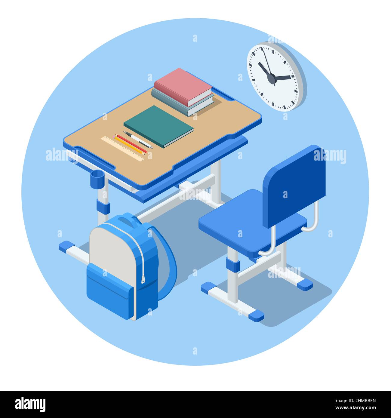 Isometrischer Schulschreibtisch und ein Stuhl isoliert auf weißem Hintergrund. Holzmöbel. Vorbereitung auf die Prüfung oder das Studium der Sekundarstufe Stock Vektor