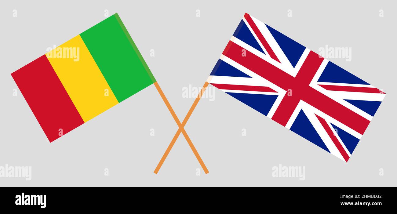 Gekreuzte Flaggen von Mali und Großbritannien. Offizielle Farben. Korrektes Verhältnis. Vektorgrafik Stock Vektor