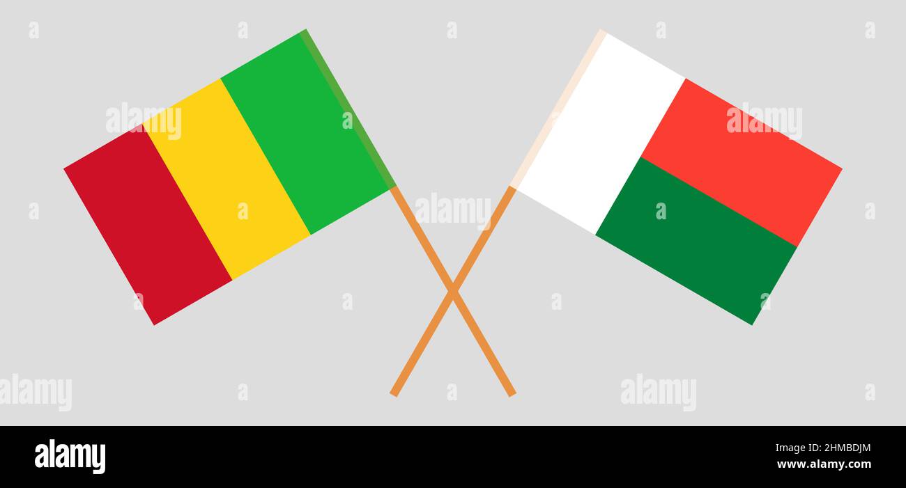 Gekreuzte Flaggen von Mali und Madagaskar. Offizielle Farben. Korrektes Verhältnis. Vektorgrafik Stock Vektor