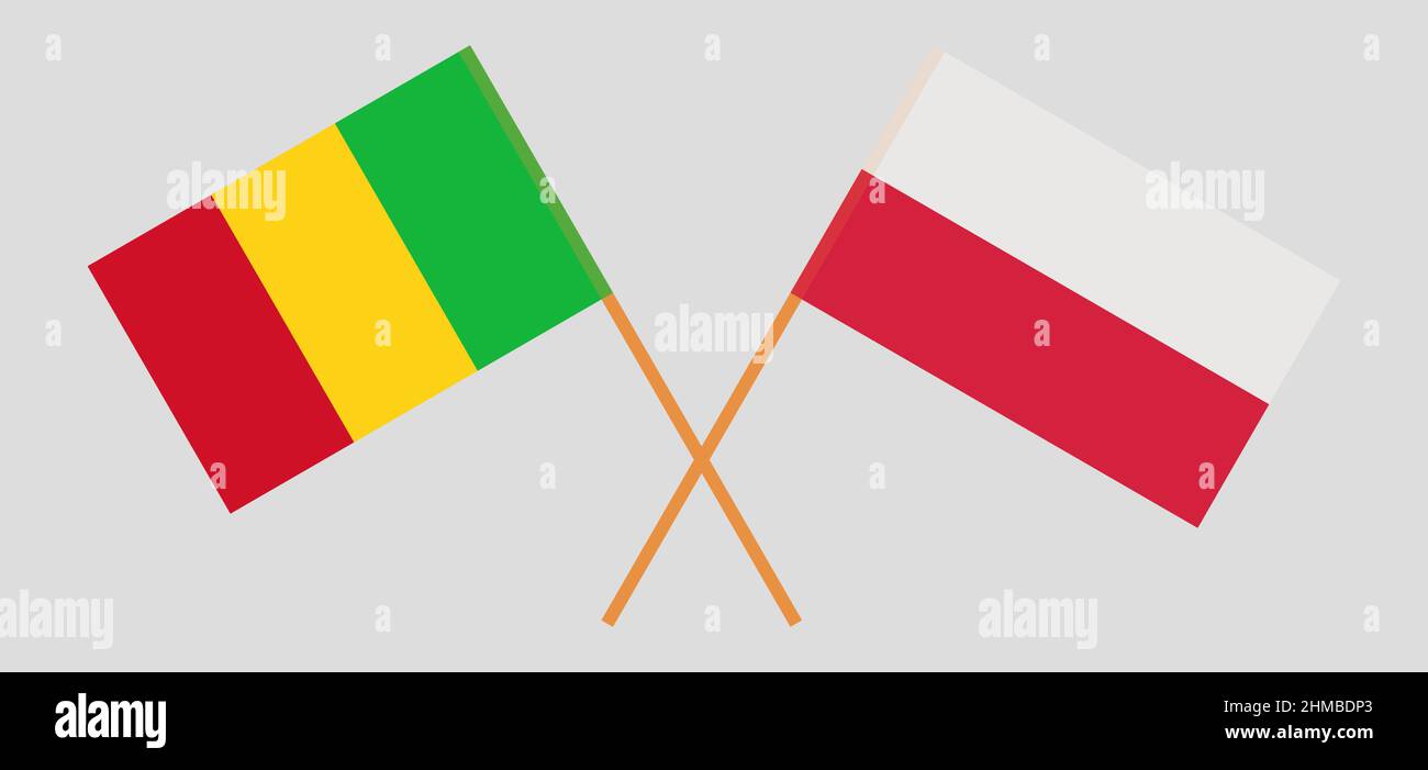 Gekreuzte Flaggen von Mali und Polen. Offizielle Farben. Korrektes Verhältnis. Vektorgrafik Stock Vektor