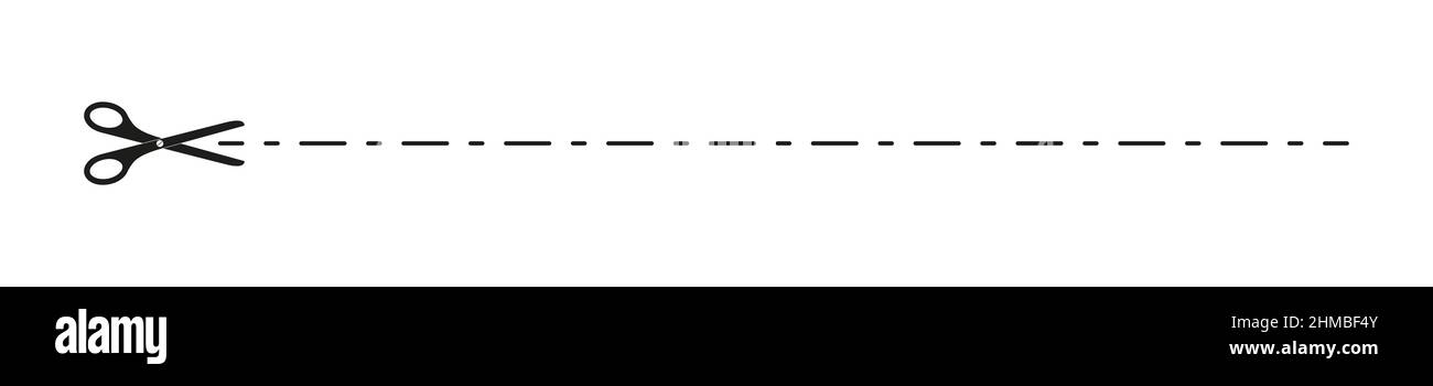 Schere mit gestrichelten Linien-Symbol. Piktogramm für Gutscheine, Gutscheine, Etiketten, Papierseiten. Vektordarstellung auf weißem Hintergrund isoliert. Stock Vektor