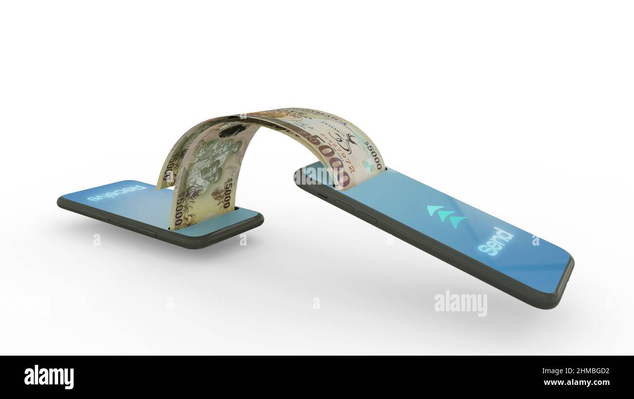 3D Wiedergabe von jamaikanischen Dollar-Noten, die von einem Telefon zum anderen übertragen werden. Mobile Money Transaction Concept Stockfoto
