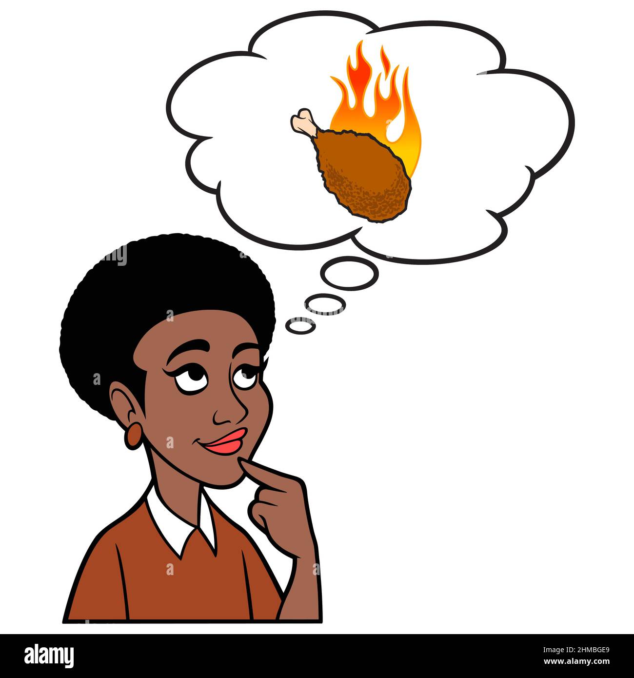 Black Woman Thinking about a Hot Wing - Eine Cartoon-Illustration einer schwarzen Frau, die an einen Hot Wing denkt. Stock Vektor