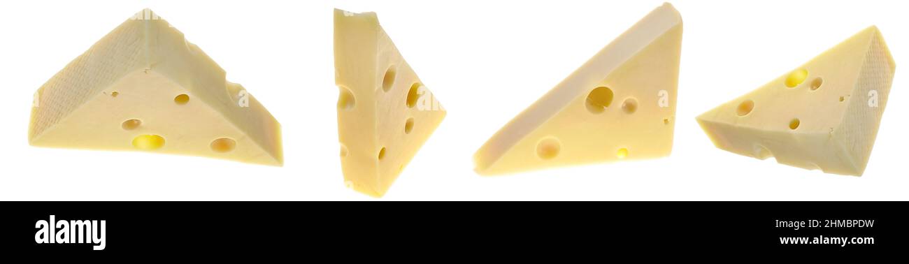 Käsestück isoliert auf weißem Hintergrund. Milchprodukte. Käsedreieck auf weißem Hintergrund. Stockfoto