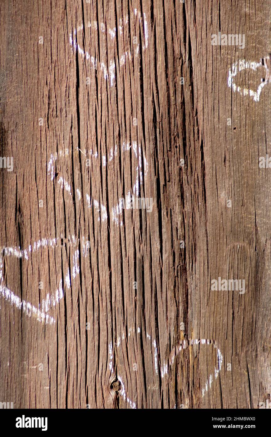 Kreideherzen auf rustikalem Holzbrett gezeichnet Stockfoto