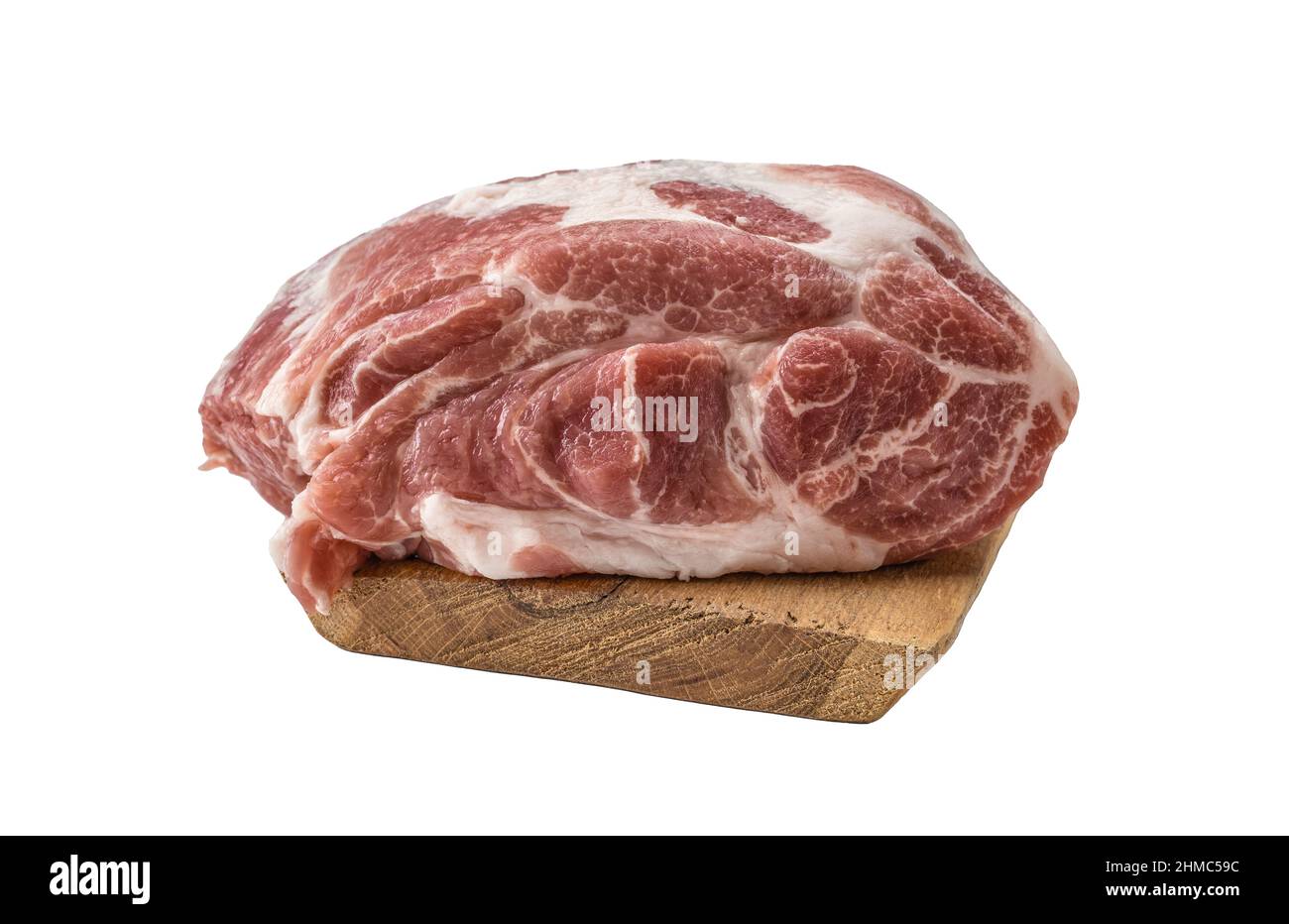 Frisches Schweinefleisch, großes Stück rohes Schweinefleisch auf Holzschneidebrett. Bild für Metzgerei, Metzgerei. Rohes Schweinefleisch Hals oder Bauch. Frisches Fleisch beim Schneiden Stockfoto