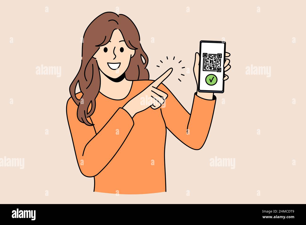 QR-Code und Online-Zahlungskonzept. Junge Frau, die auf den Smartphone-Bildschirm zeigt, mit qr-Code und Zahlungsbestätigung auf der Vektorgrafik Stock Vektor